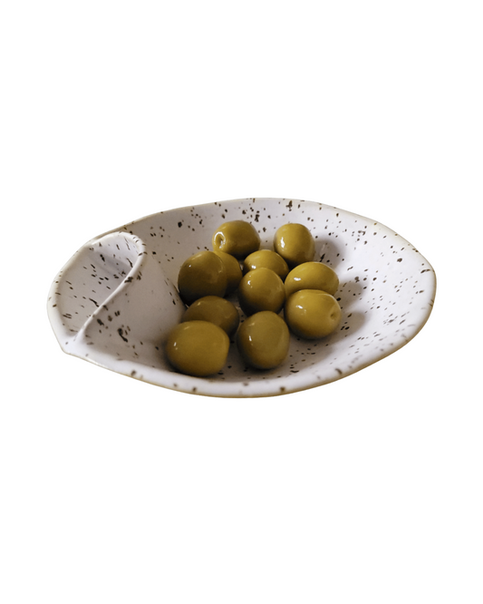 Handmade olive bowl - white with lava spots