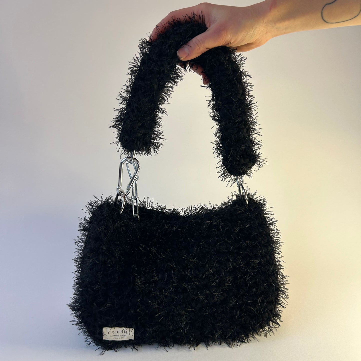 Fluffy black JOE crochet bag