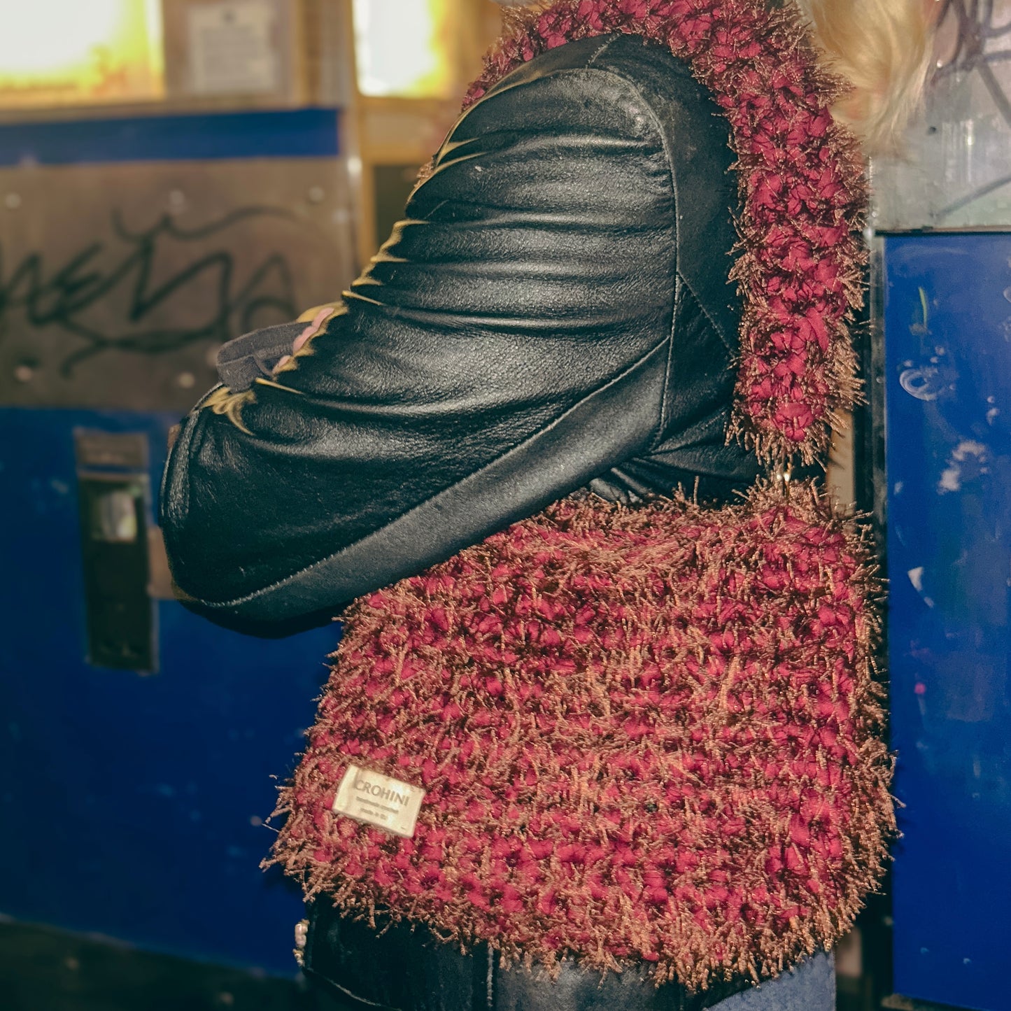 Fluffy burgundy JOE crochet bag