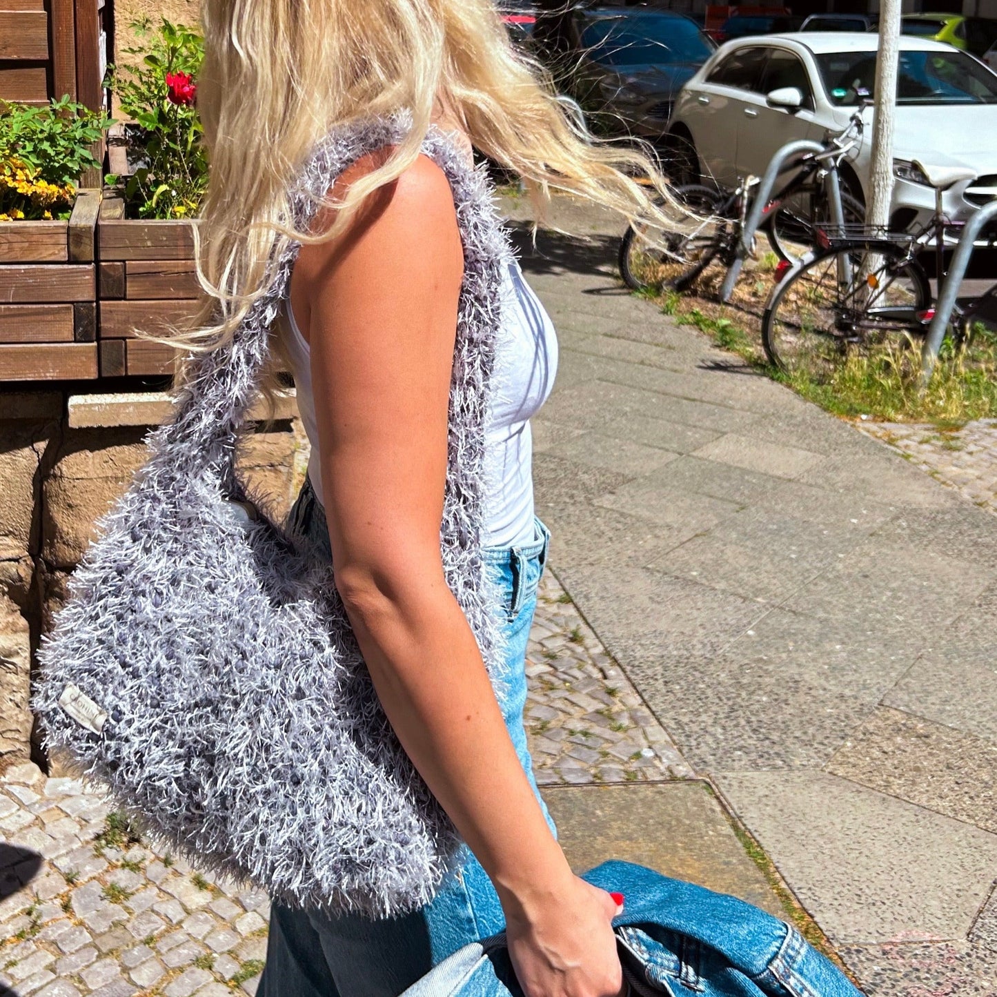 Fluffy grey LIINA crochet bag