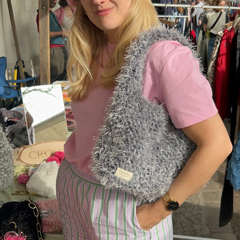 Fluffy grey LIINA crochet bag