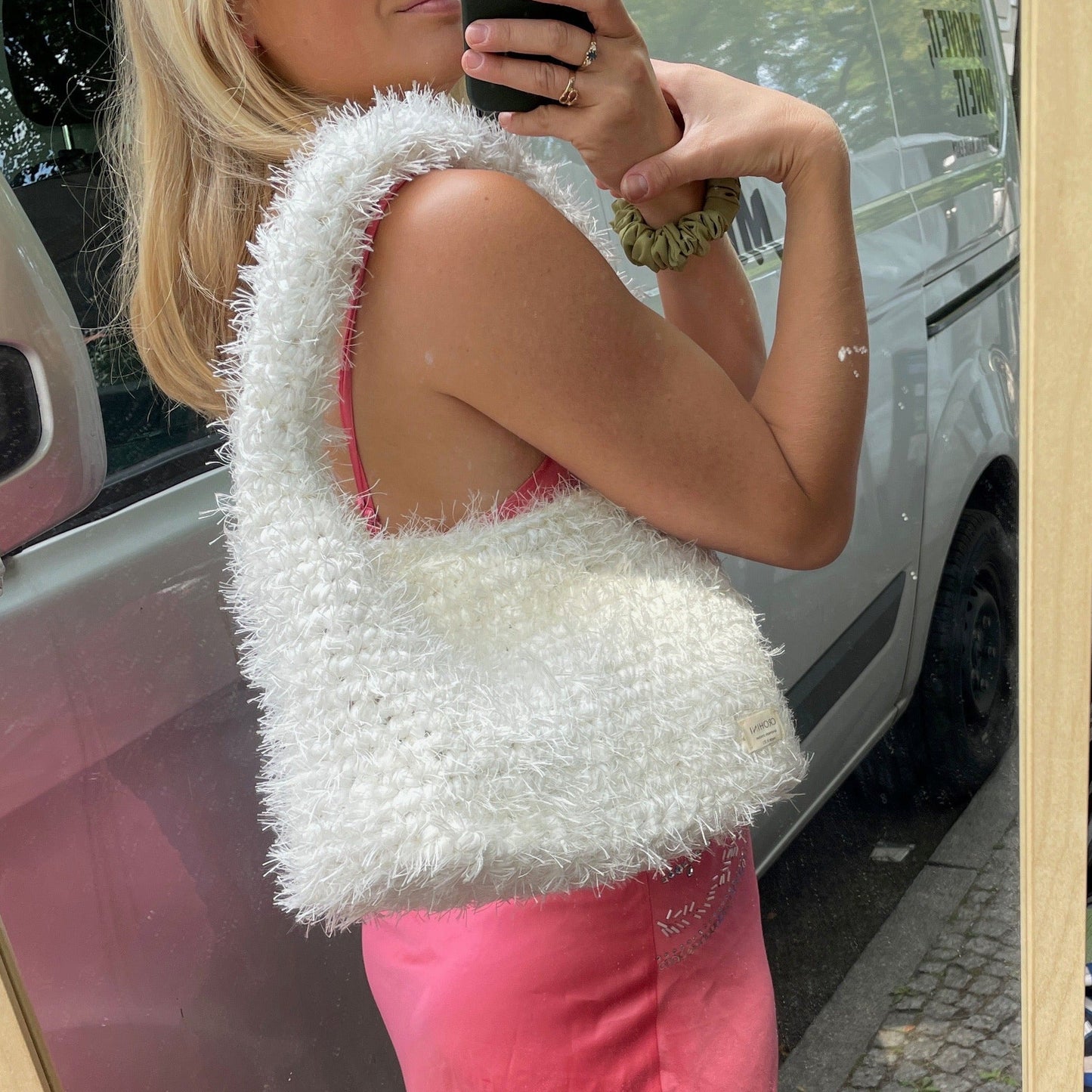 Fluffy white LIINA crochet bag