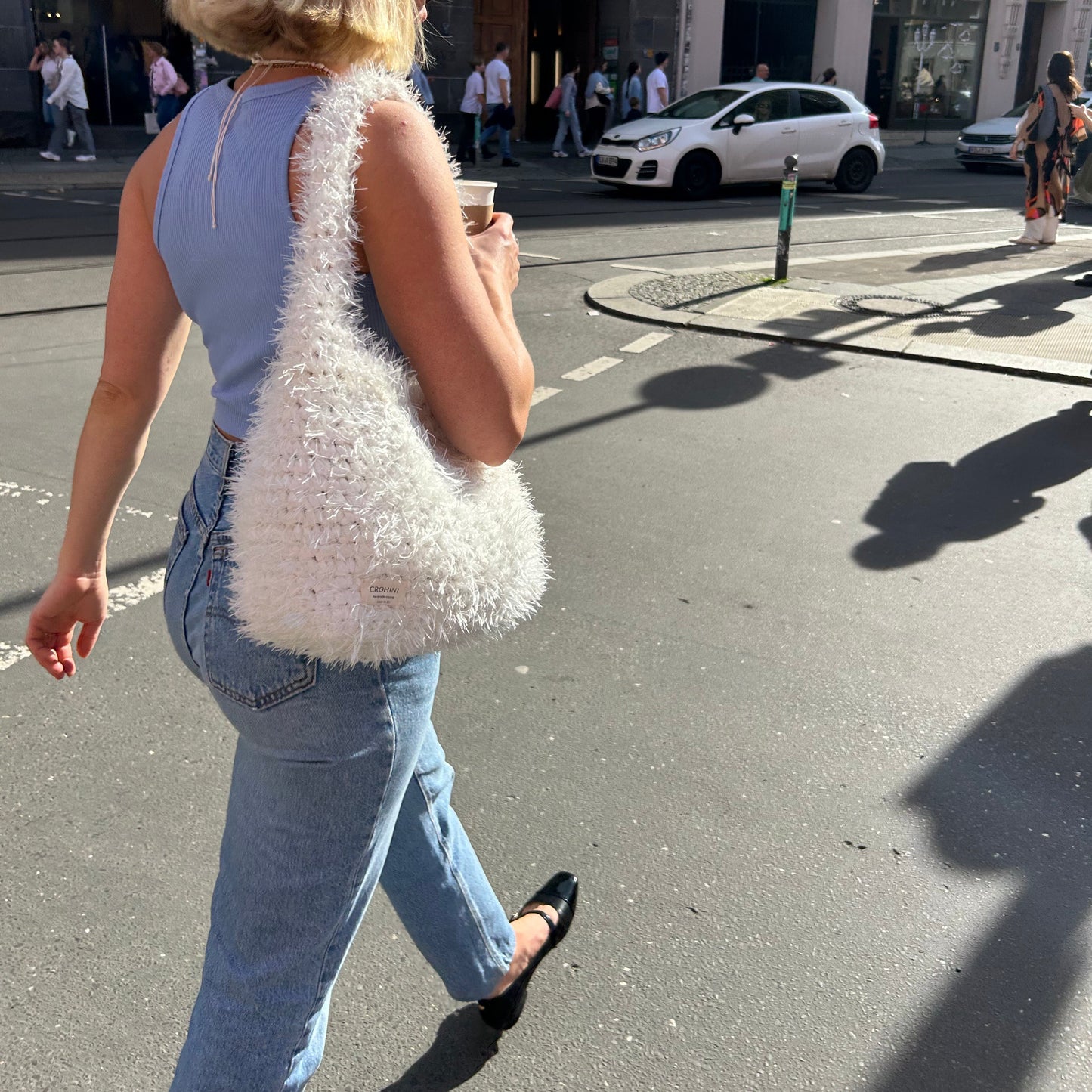 Fluffy white LIINA crochet bag