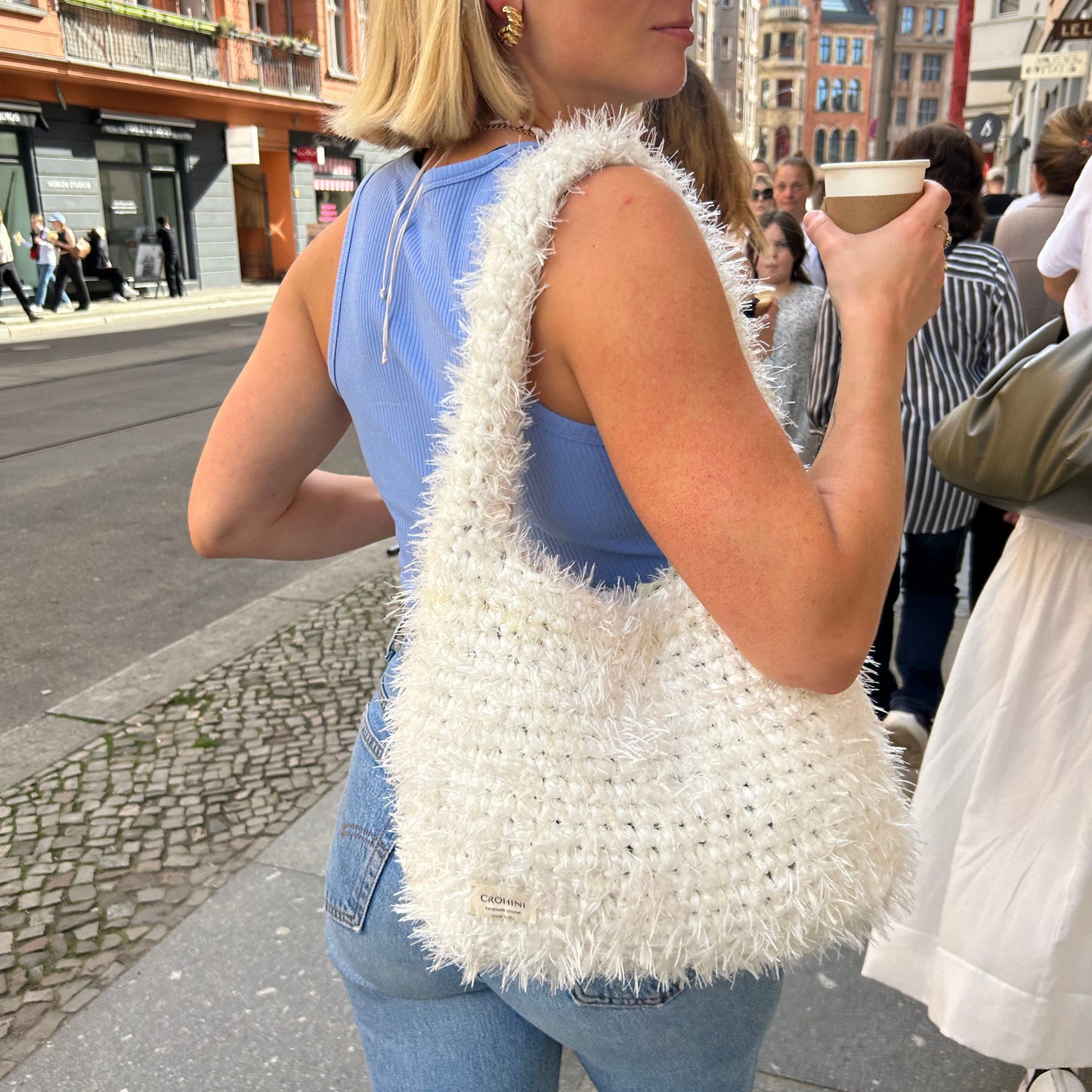Fluffy white LIINA crochet bag