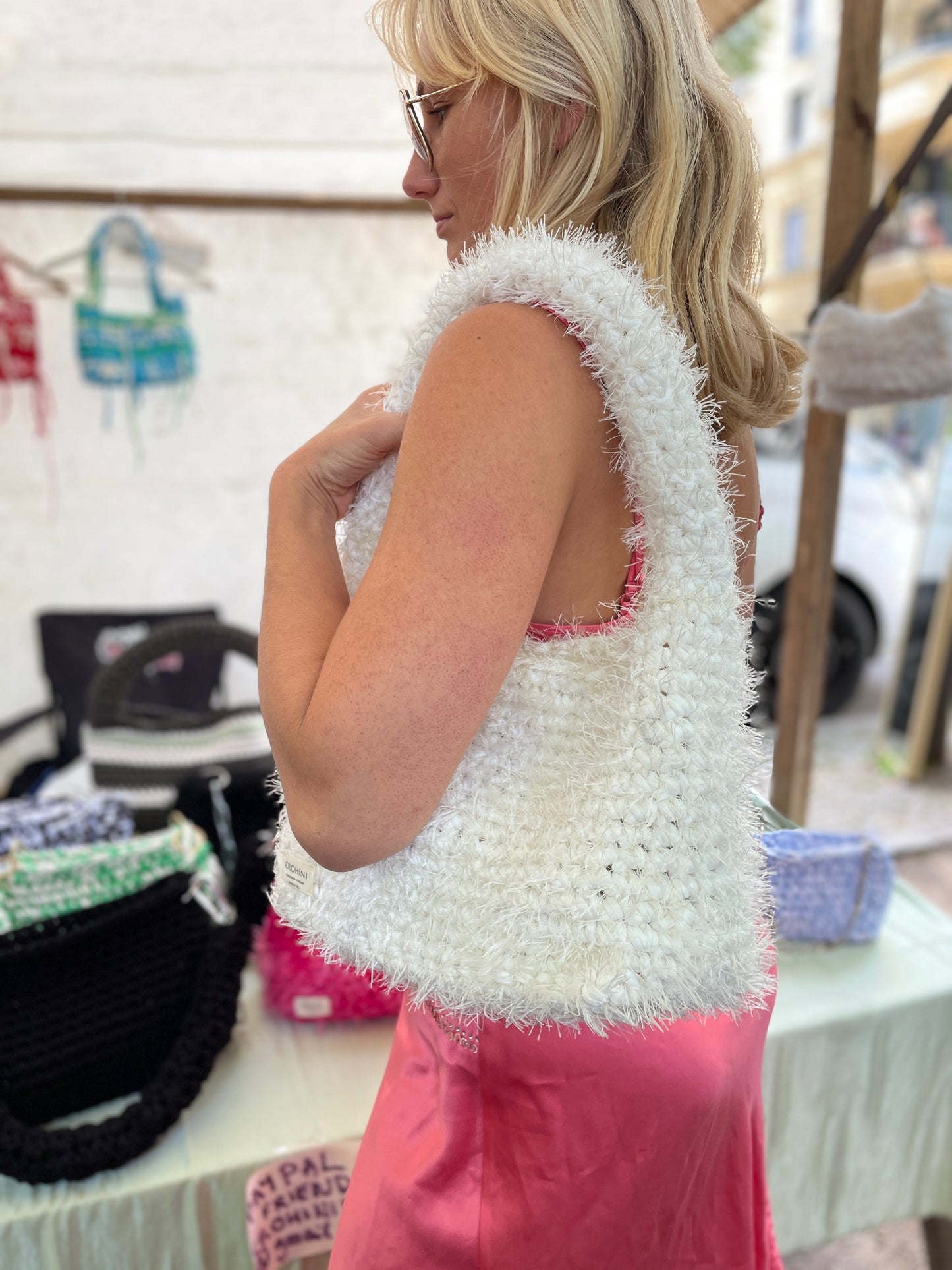 Fluffy white LIINA crochet bag