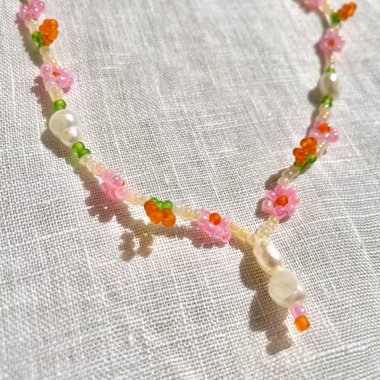 Peach Beaded Necklace with pearls
