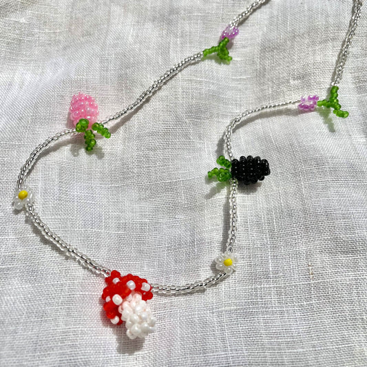 Mushroom Silver Beaded Necklace with berries and daisy flowers