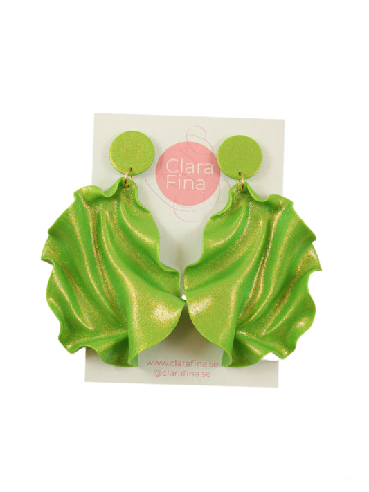 Satin Round Top Earrings - Lime green glitter