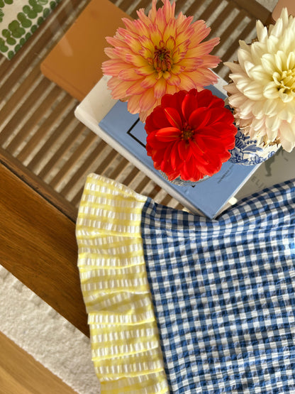 Cushion cover blue checkered with yellow frill - Seersucker