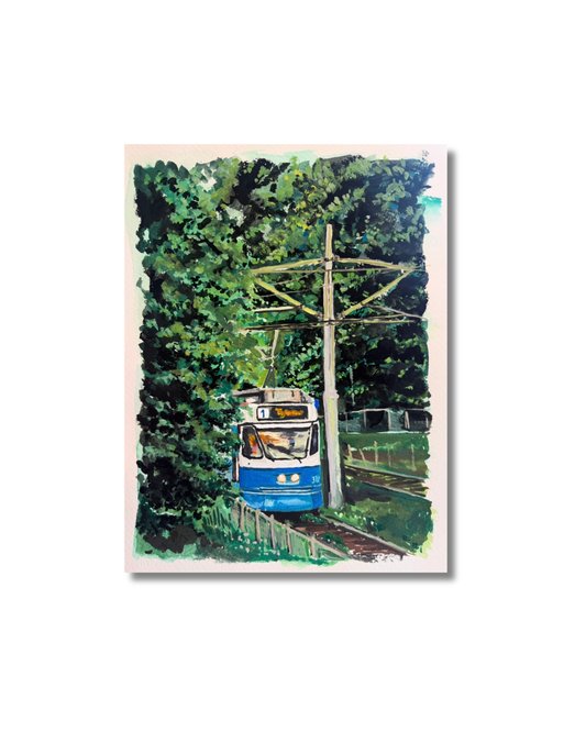 Sporvogn gouache maleri Original