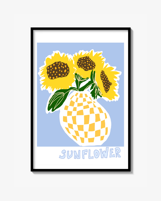 Sunflowers in checkered vase Poster