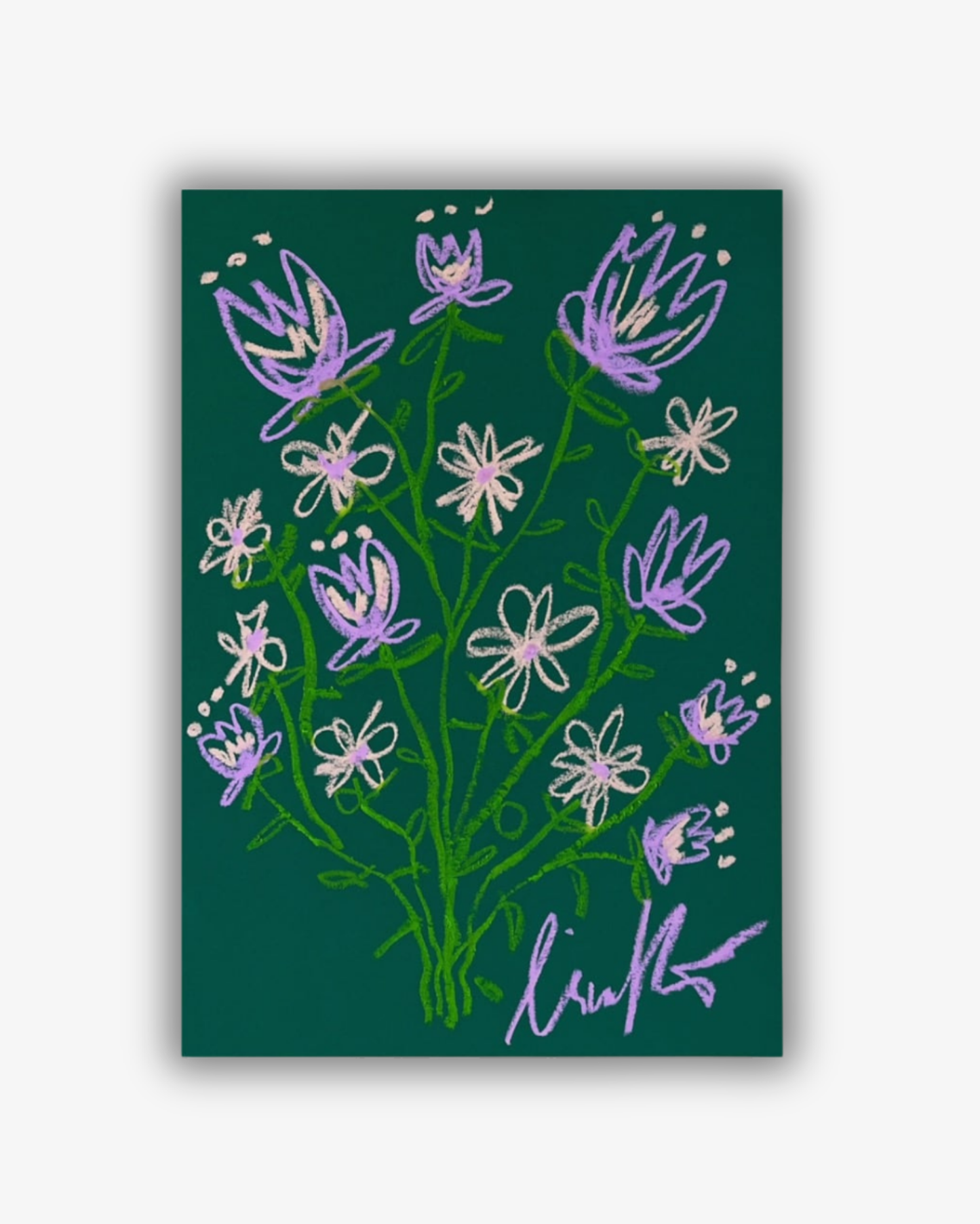 Whimsical Florals, Grøn, Lilla og Rosa, A3, Original Maleri