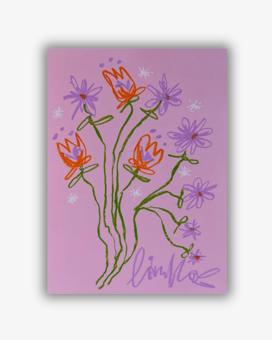 Whimsical Florals, Pink, Green and Orange, A3, Original Painting