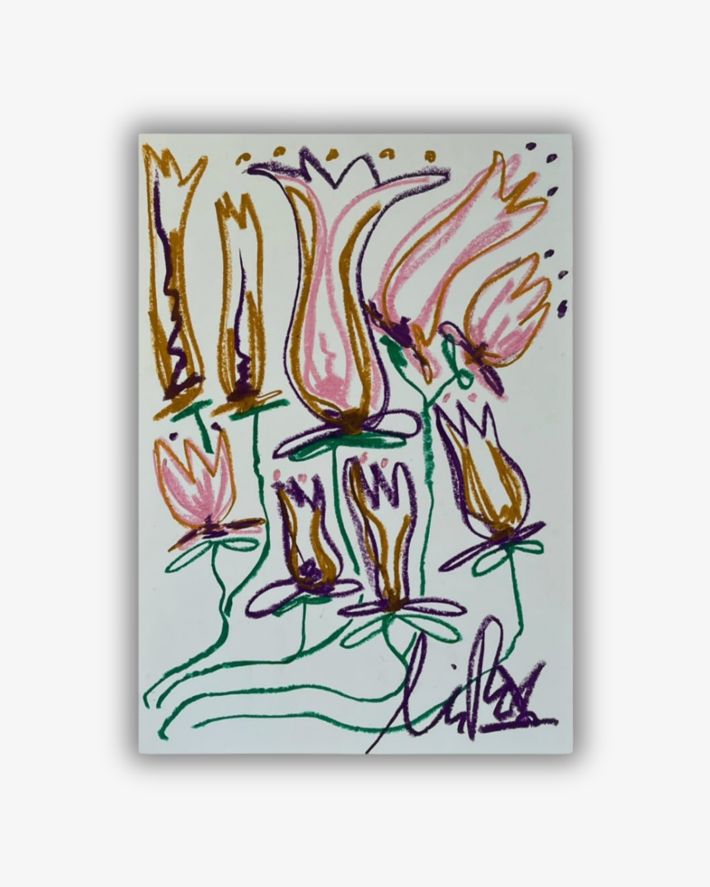 Whimsical Florals, Brun, Rosa og Lilla, A3, Original Maleri