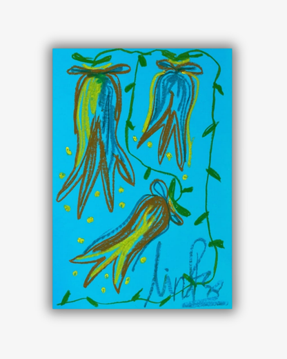 Whimsical Florals, Akvablå, Gul og Blå, A3, Original Maleri
