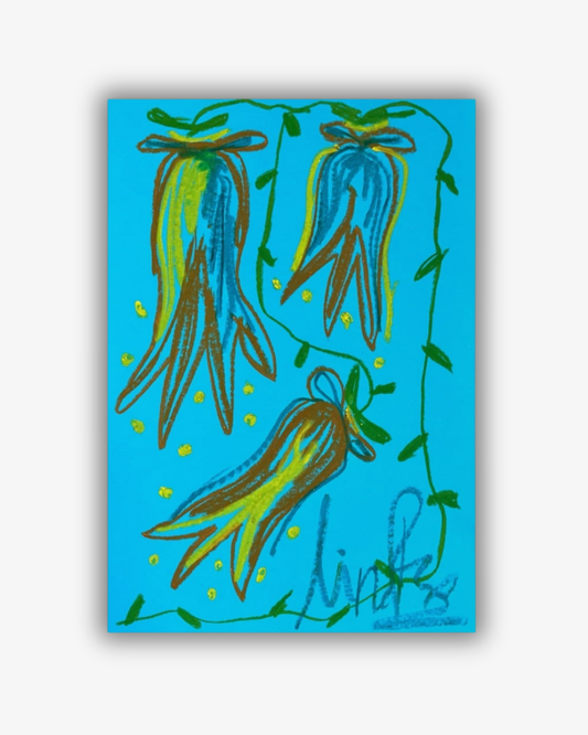 Whimsical Florals,Aqua, Yellow and Blue, A3, Original Painting