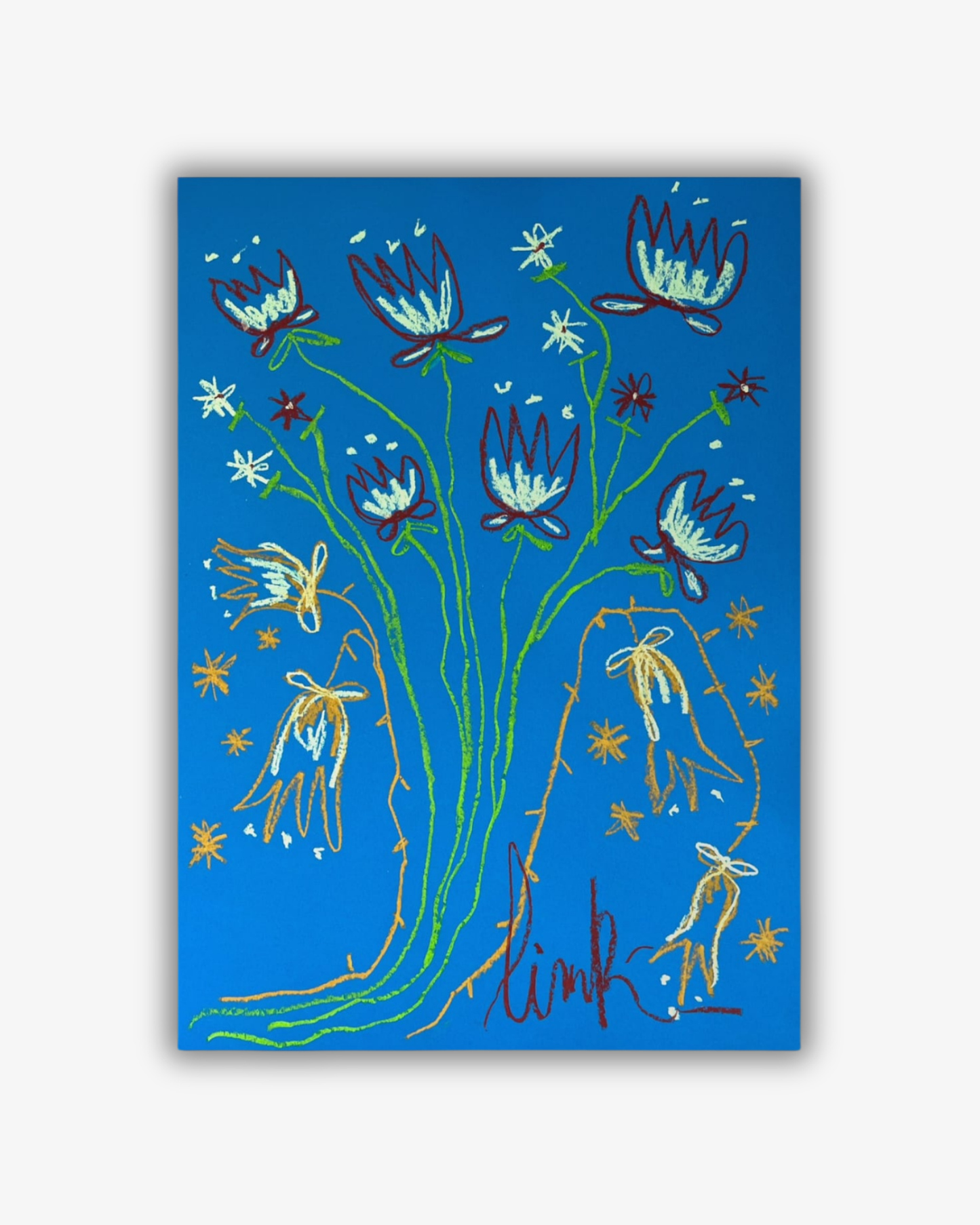 Whimsical Florals, Blå, Brun og Grøn, 50x70 cm, Original Maleri