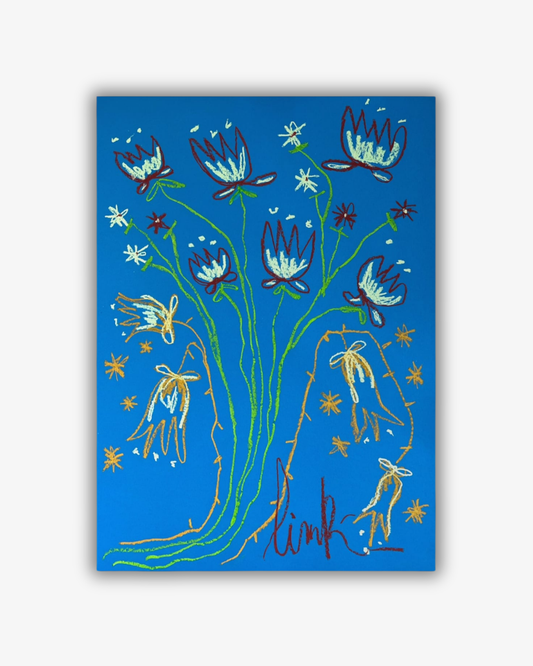 Whimsical Florals, Blue, Brown and Green,  50x70 cm, Original Painting