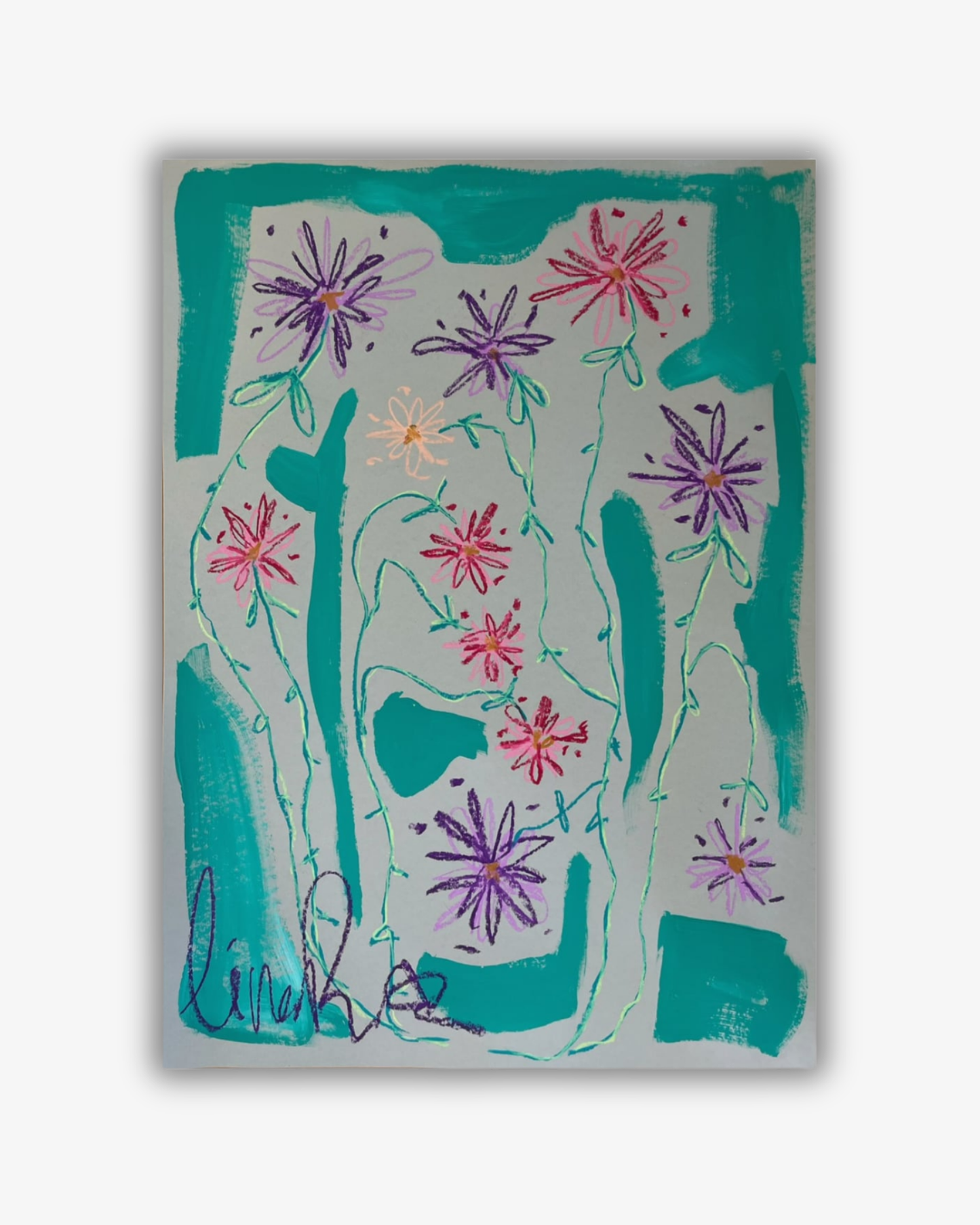 Whimsical Florals Green, Purple and Pink, 50x70cm, Original Painting
