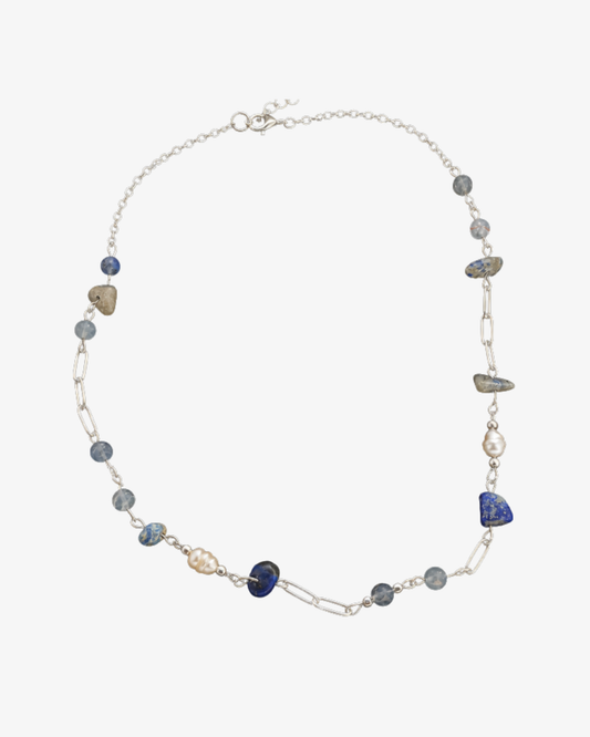 Lapis Lazuli & Pearl Necklace – Silver color
