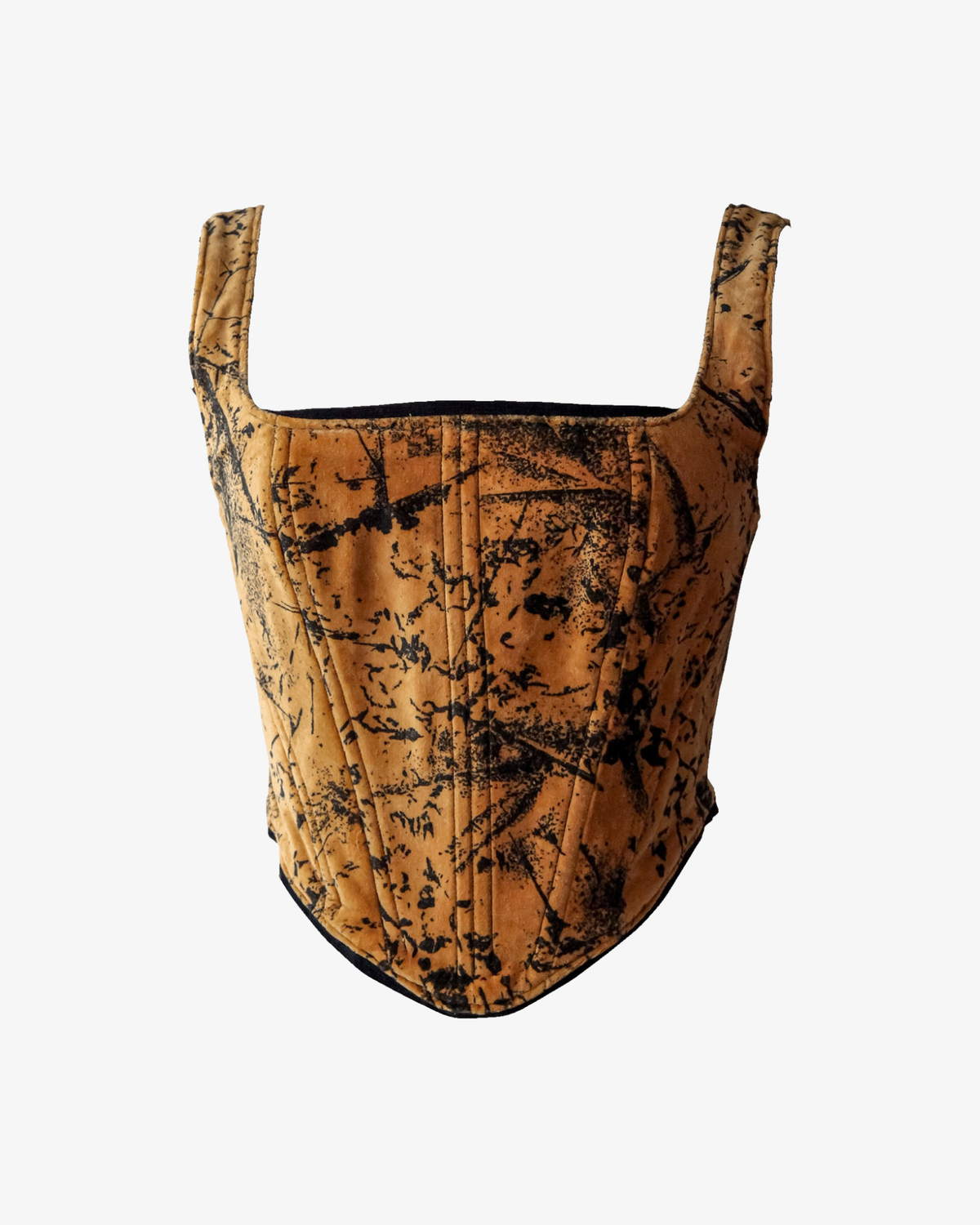 Fløjlskorset top med abstrakt brun og sort mønster, upcycled