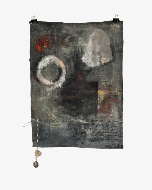 Wallart - abstract painting on fabric with ceramic and stitches