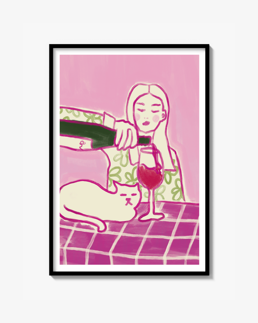 Cats and wine (pink) - Poster