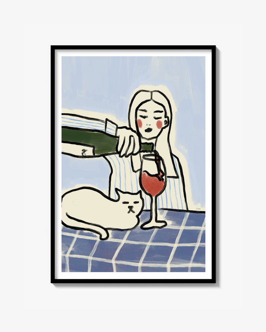 Cats and wine (blue) - Poster