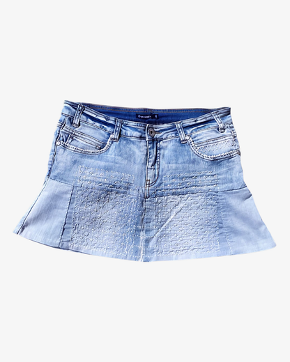 Short embroided remake denim skirt