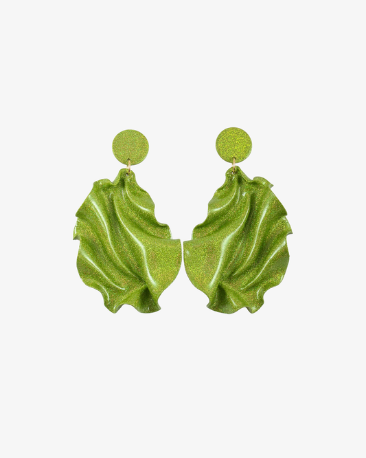 Satin Round Top Earrings - Lime green glitter