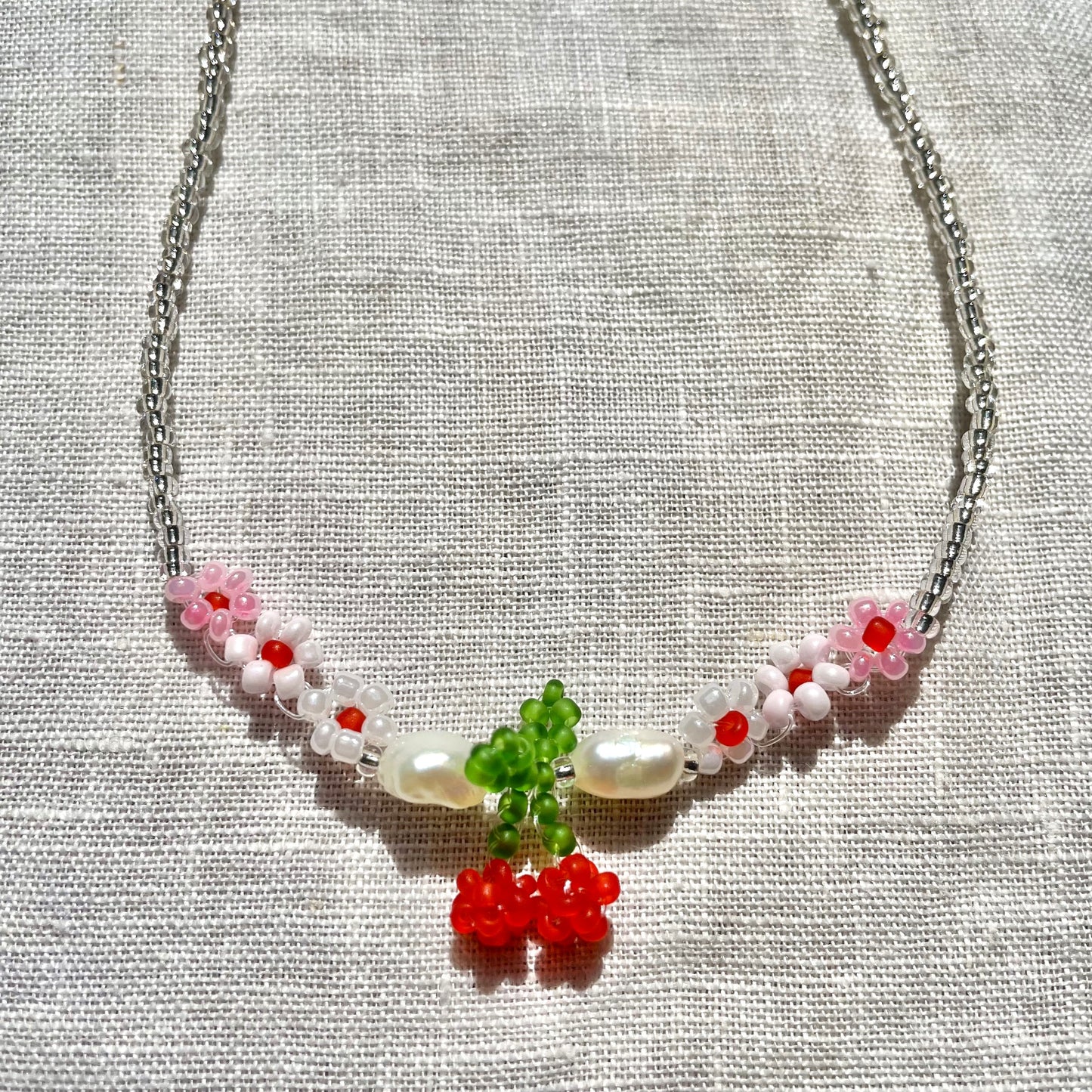 Silver Cherry Necklace with pearls