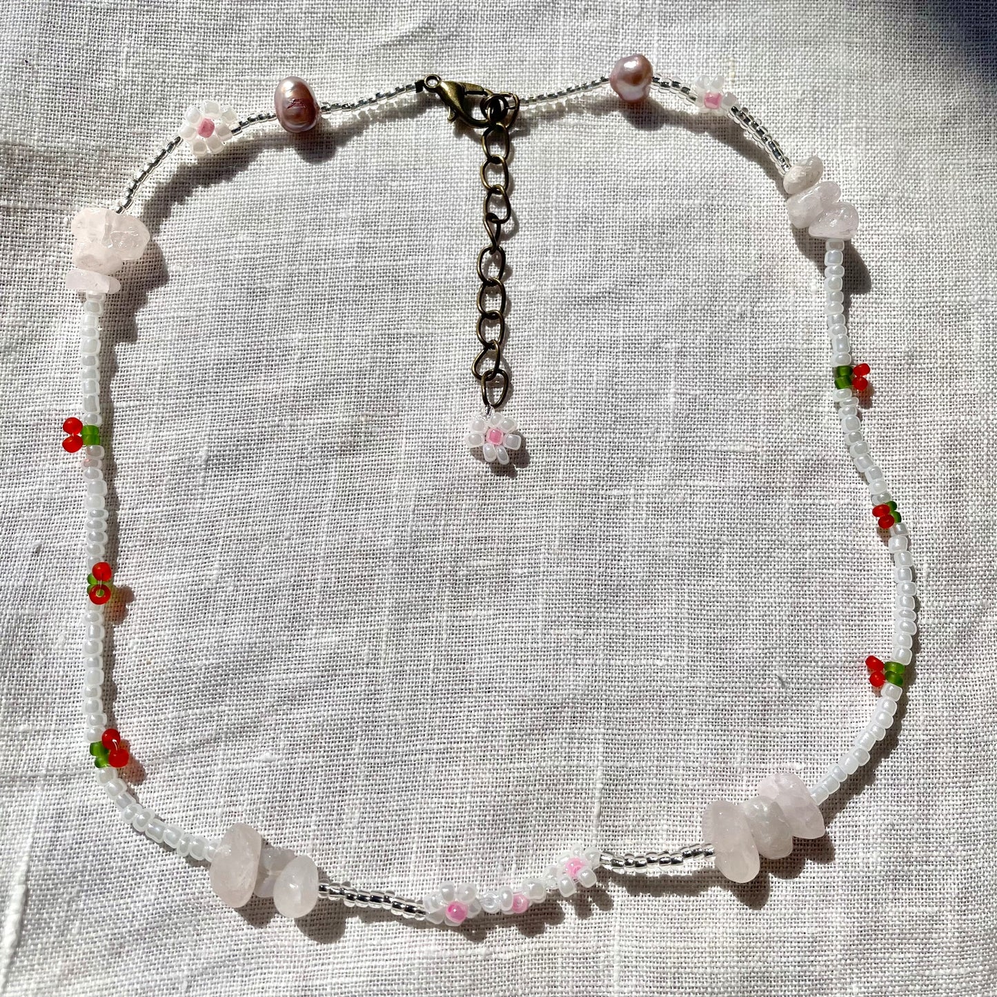 Cherry Beaded Necklace with rose quartz beads and pearls