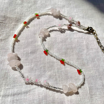 Cherry Beaded Necklace with rose quartz beads and pearls