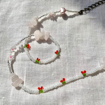 Cherry Beaded Necklace with rose quartz beads and pearls