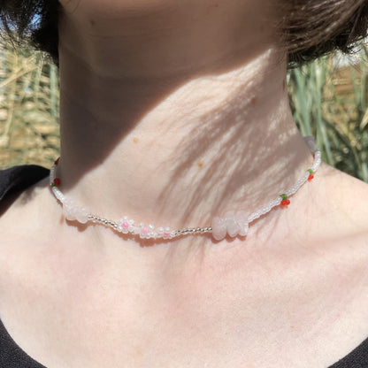 Cherry Beaded Necklace with rose quartz beads and pearls