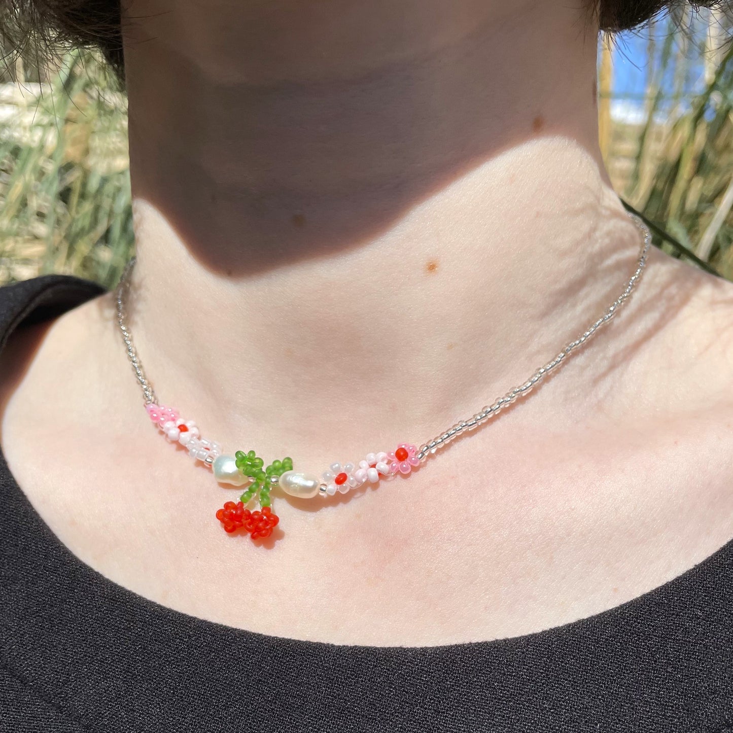 Silver Cherry Necklace with pearls