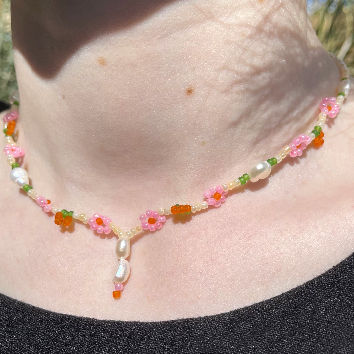 Peach Beaded Necklace with pearls