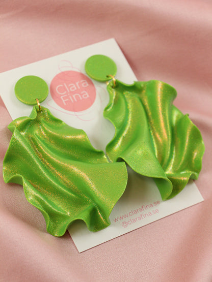 Satin Round Top Earrings - Lime green glitter