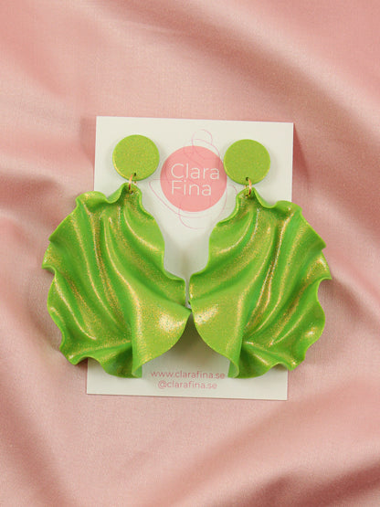 Satin Round Top Earrings - Lime green glitter