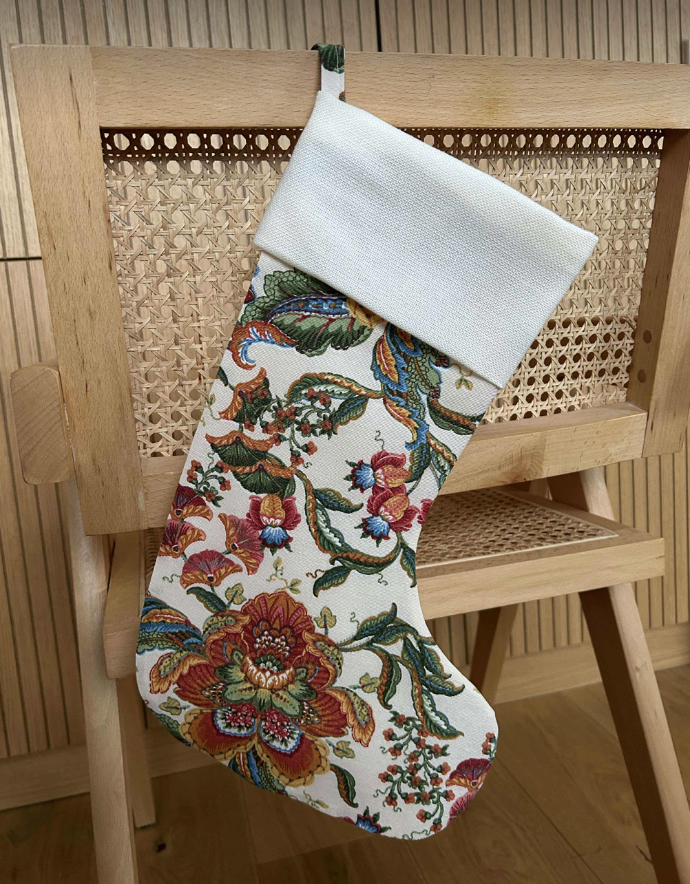 Christmas stocking in lovely light fabric with red/green details