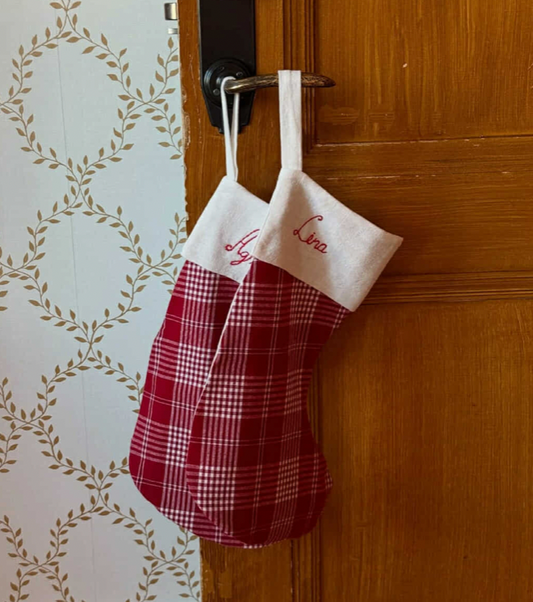 Christmas stocking in unique red patterned fabric (Customizable)