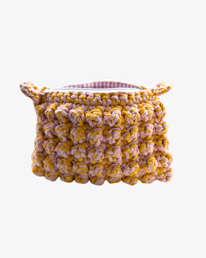 Crochet bubbly cosmetic bag, yellow/pink - small size