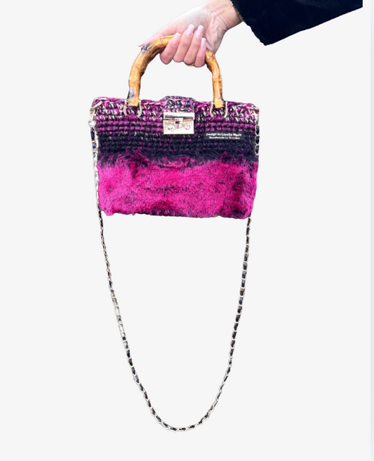 Crochet bag with burgundy fur.