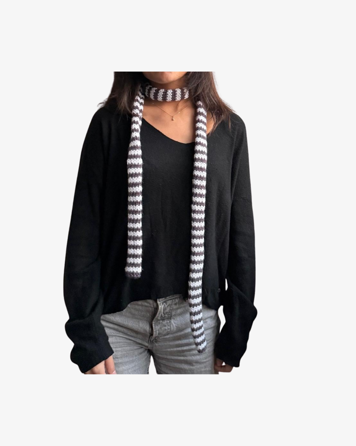 Striped Knit Scarf- white and purpleish grey