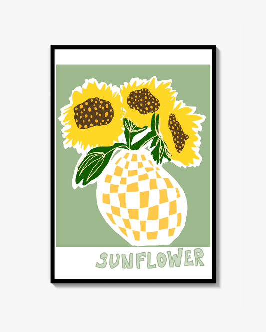 Sunflowers in checkered vase Poster