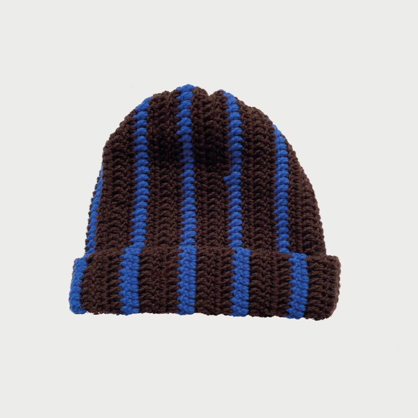 Wool beanie hat striped BROWN BLUE