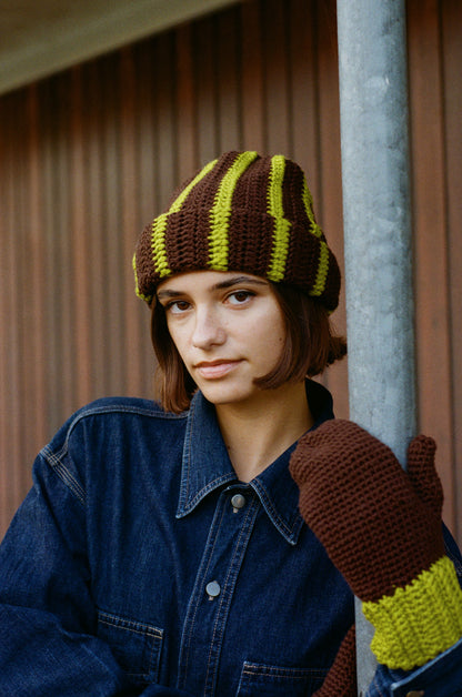 Wool beanie hat striped BROWN LIME